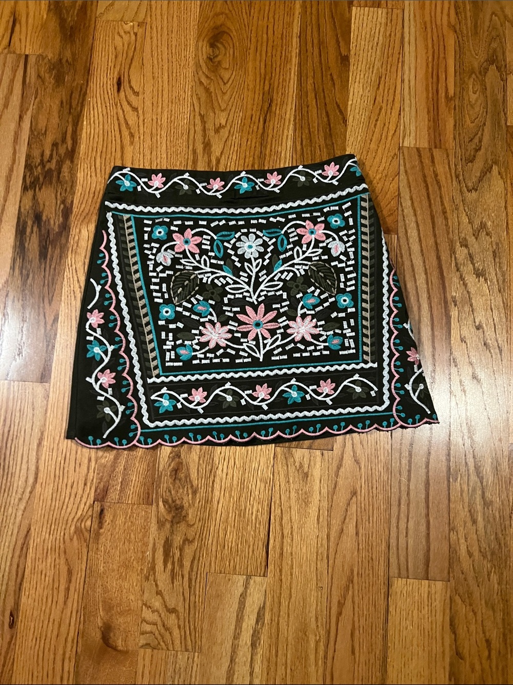 Mini Brown Mini Skirt with Pink and Teal Floral Embroidery